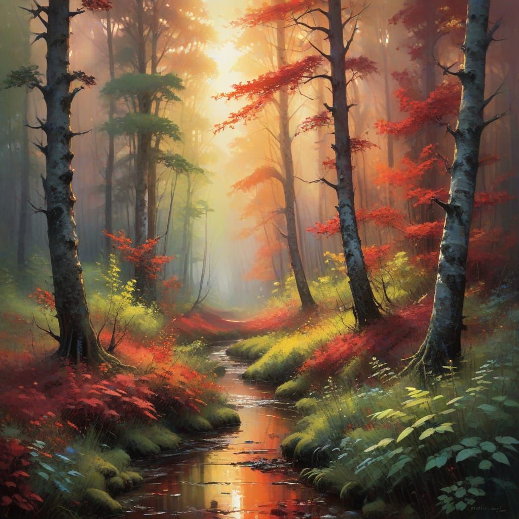 Vibrant Watercolour of a Summer Red Forest at Golden Hour