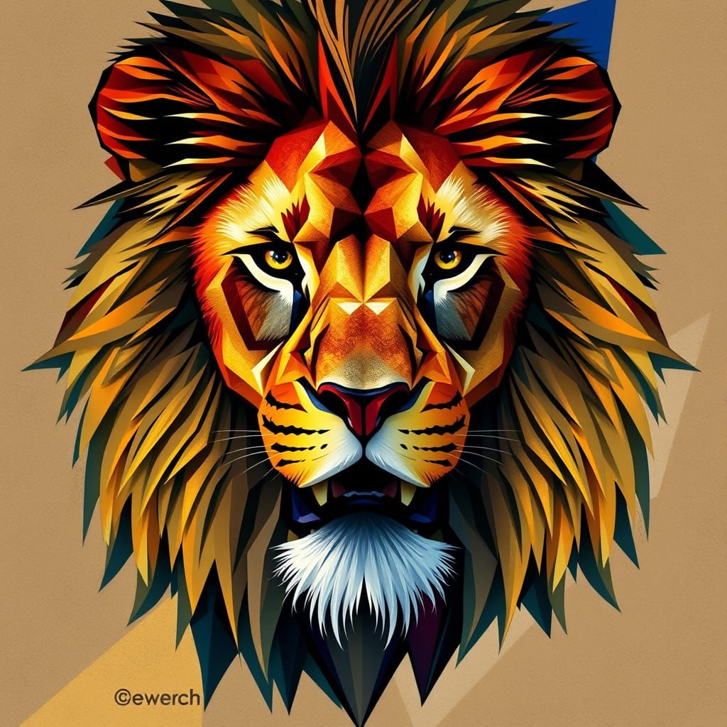 Cubist Lion Portrait in Vibrant Geometric Shards