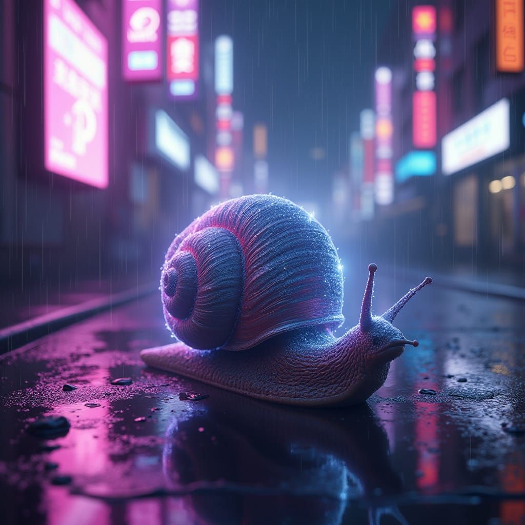 Cyber-Snail Glides Through Neon Cyberpunk Cityscape