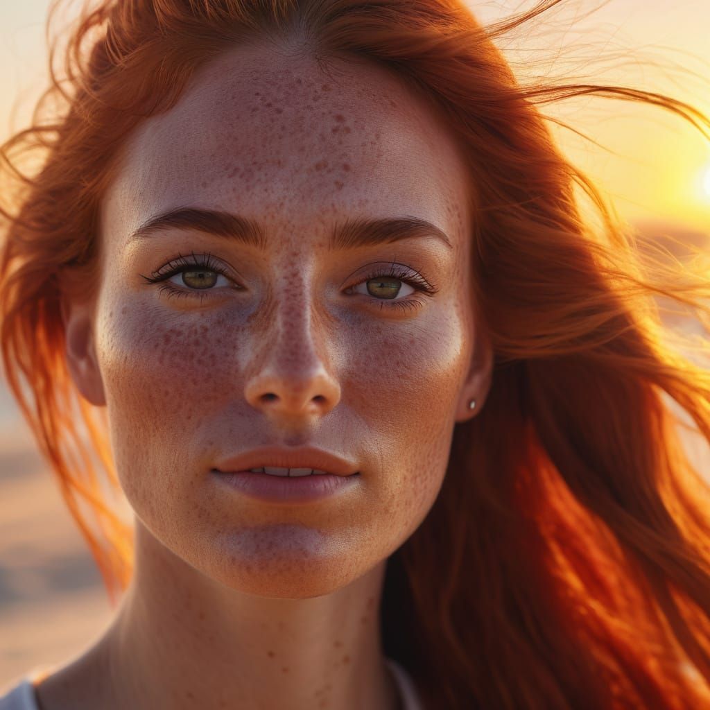 Redhead Beauty in Golden Hour Sunlight, Ultra-Detailed
