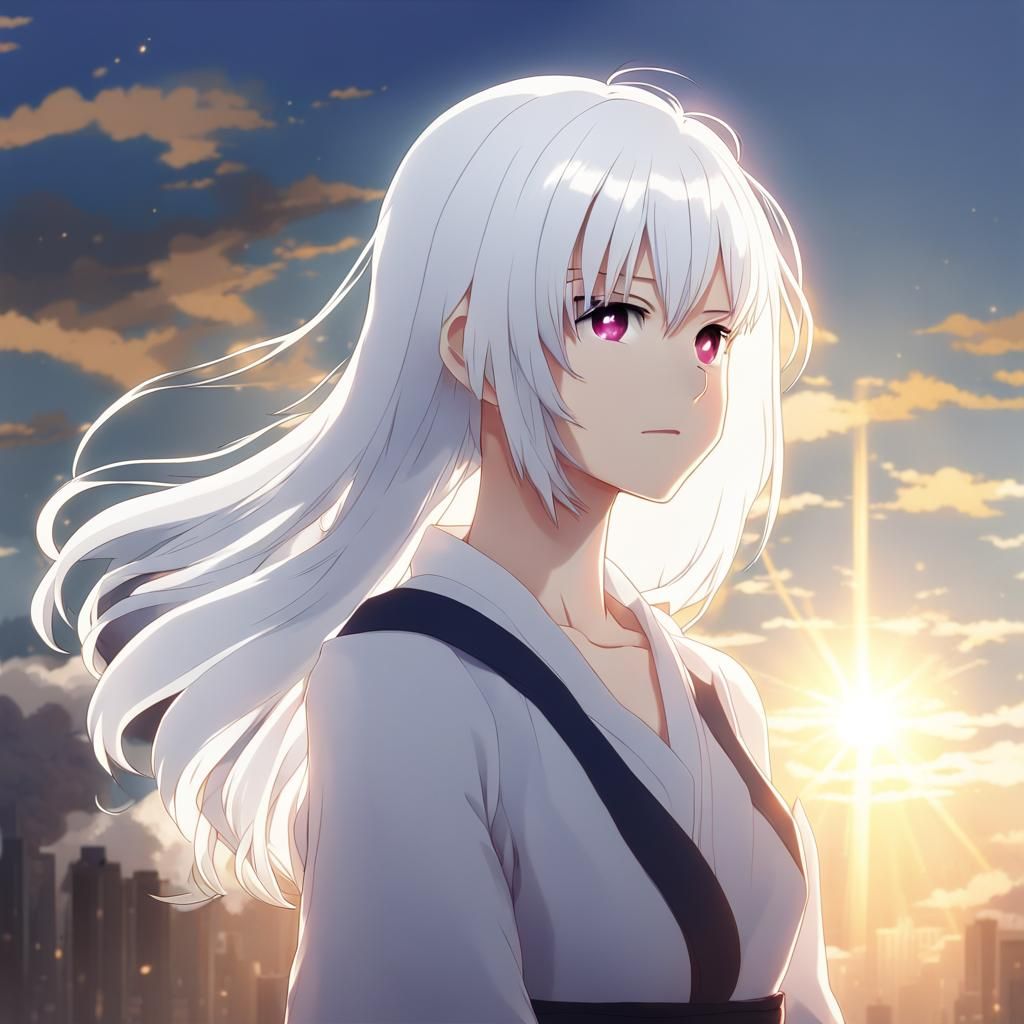 Anime Girl with White Hair in Sunlight