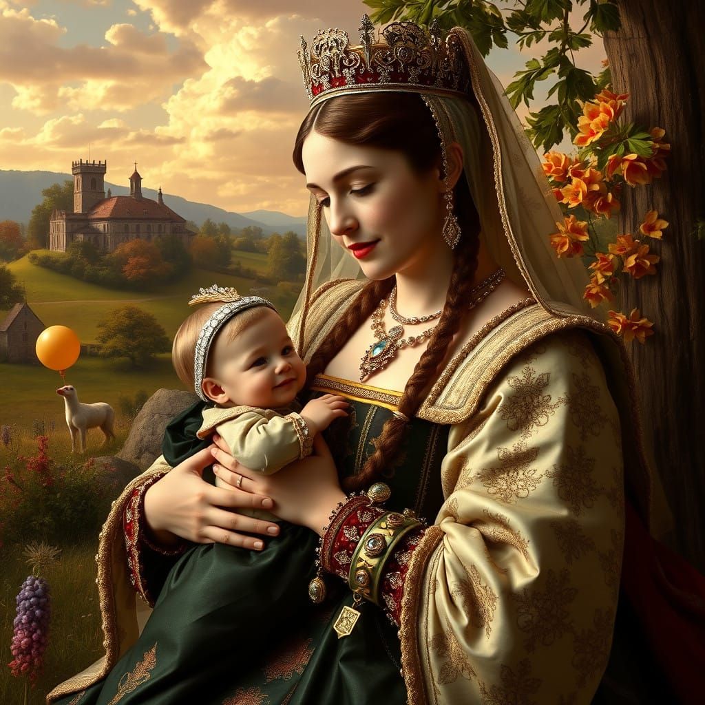 16th-Century Queen Catherine of Aragon Poses with Princess M...