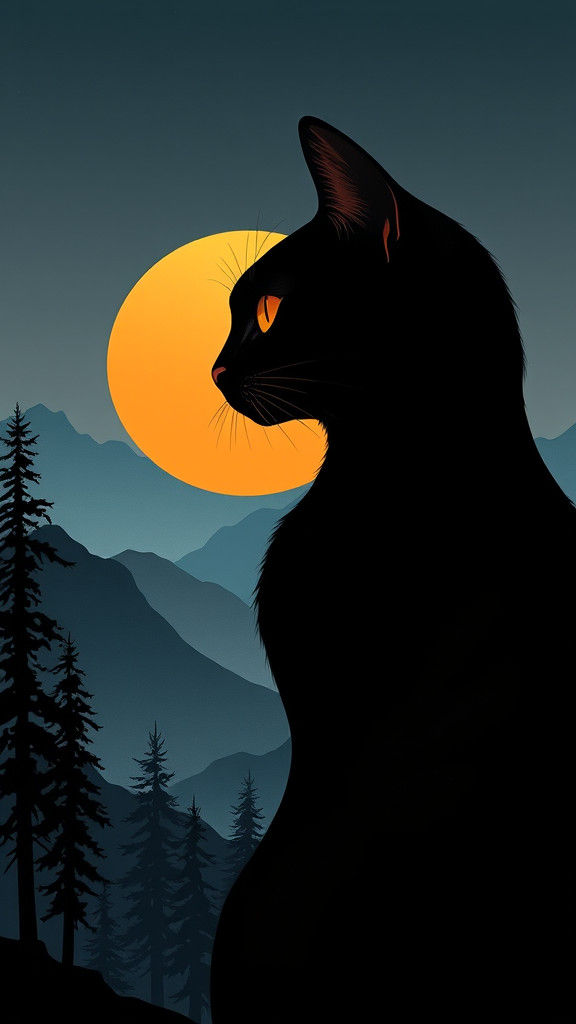 Cat Silhouette Merged with Mountain Landscape: Minimalist Ar...
