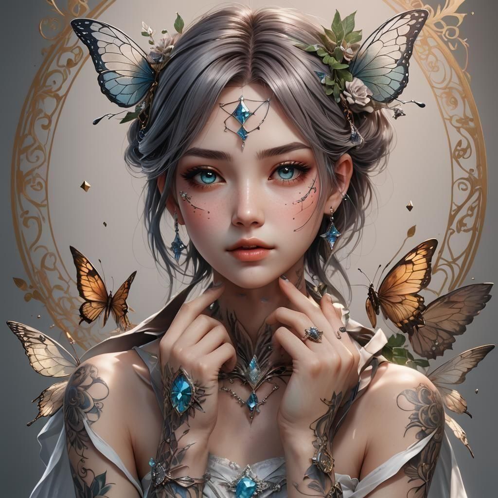 Anime Style Fairy Woman with Diamond Tattoos