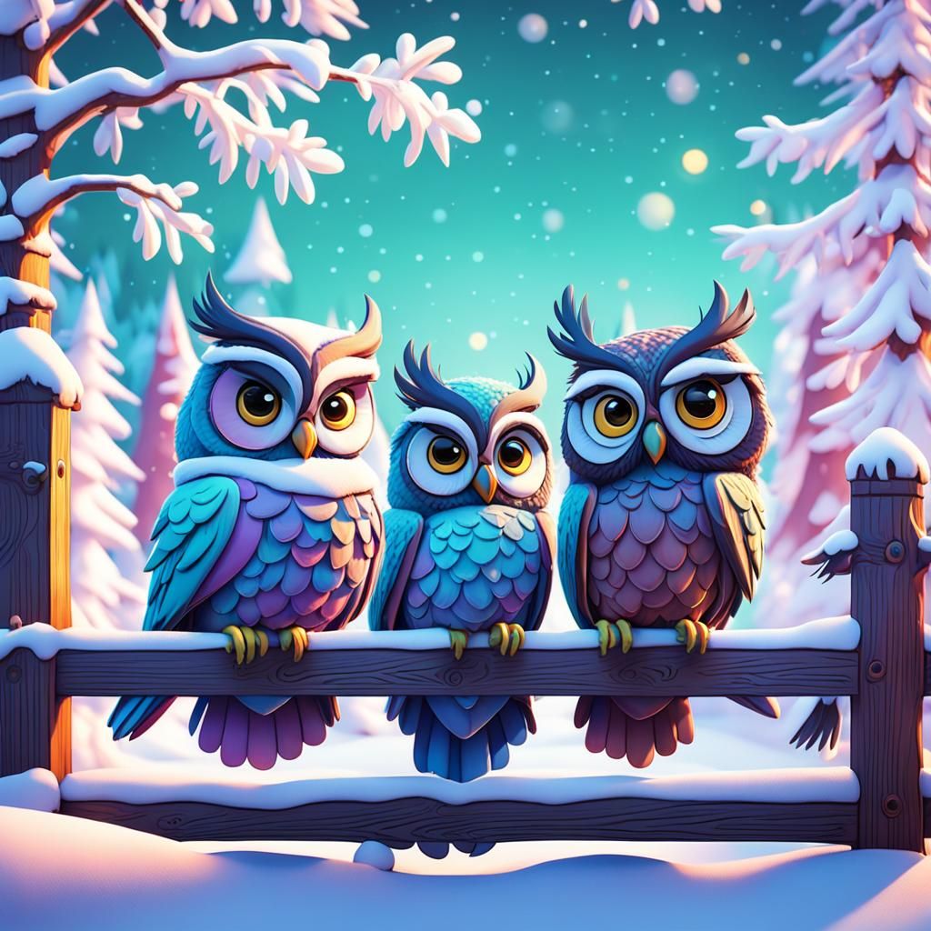 Cartoon Christmas Owls in 3D Digital Art