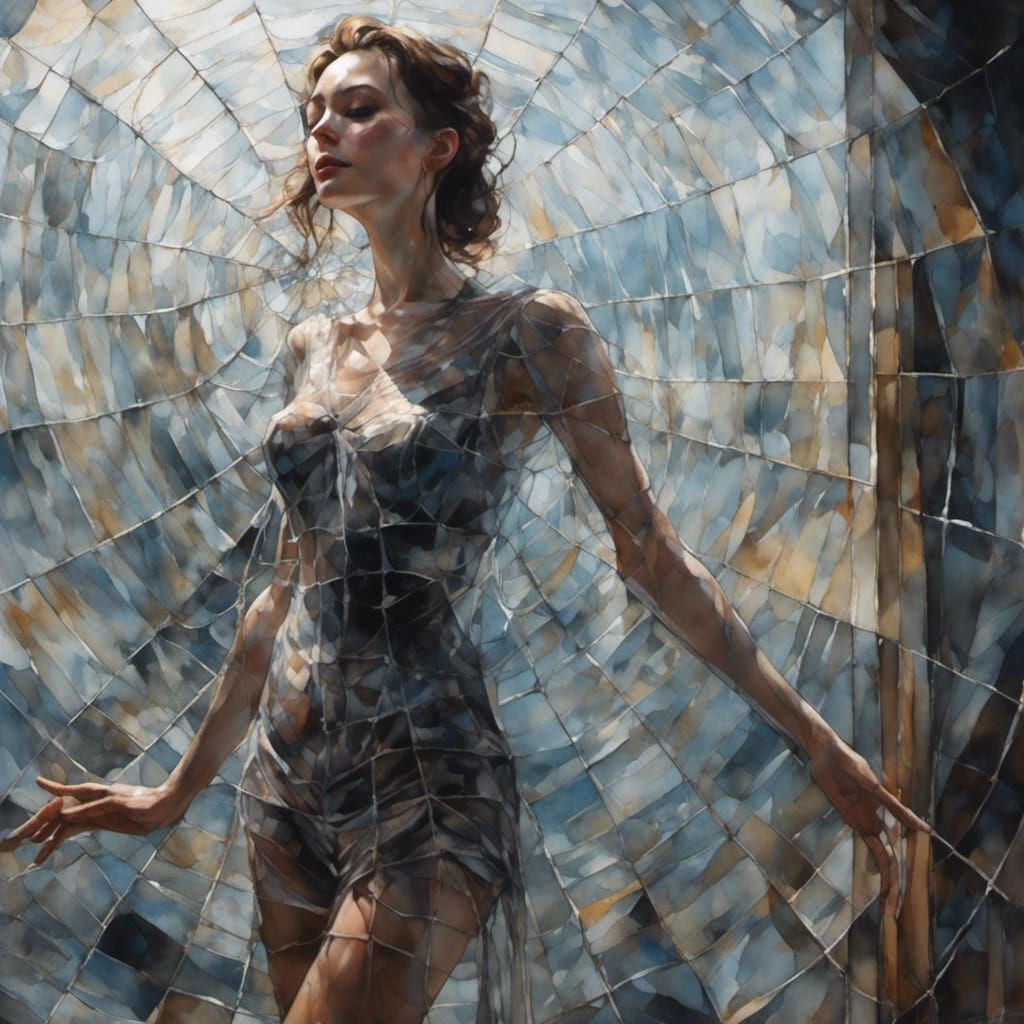 Crystal Woman in Spiderweb: Gouache Impressionist Dreamscape