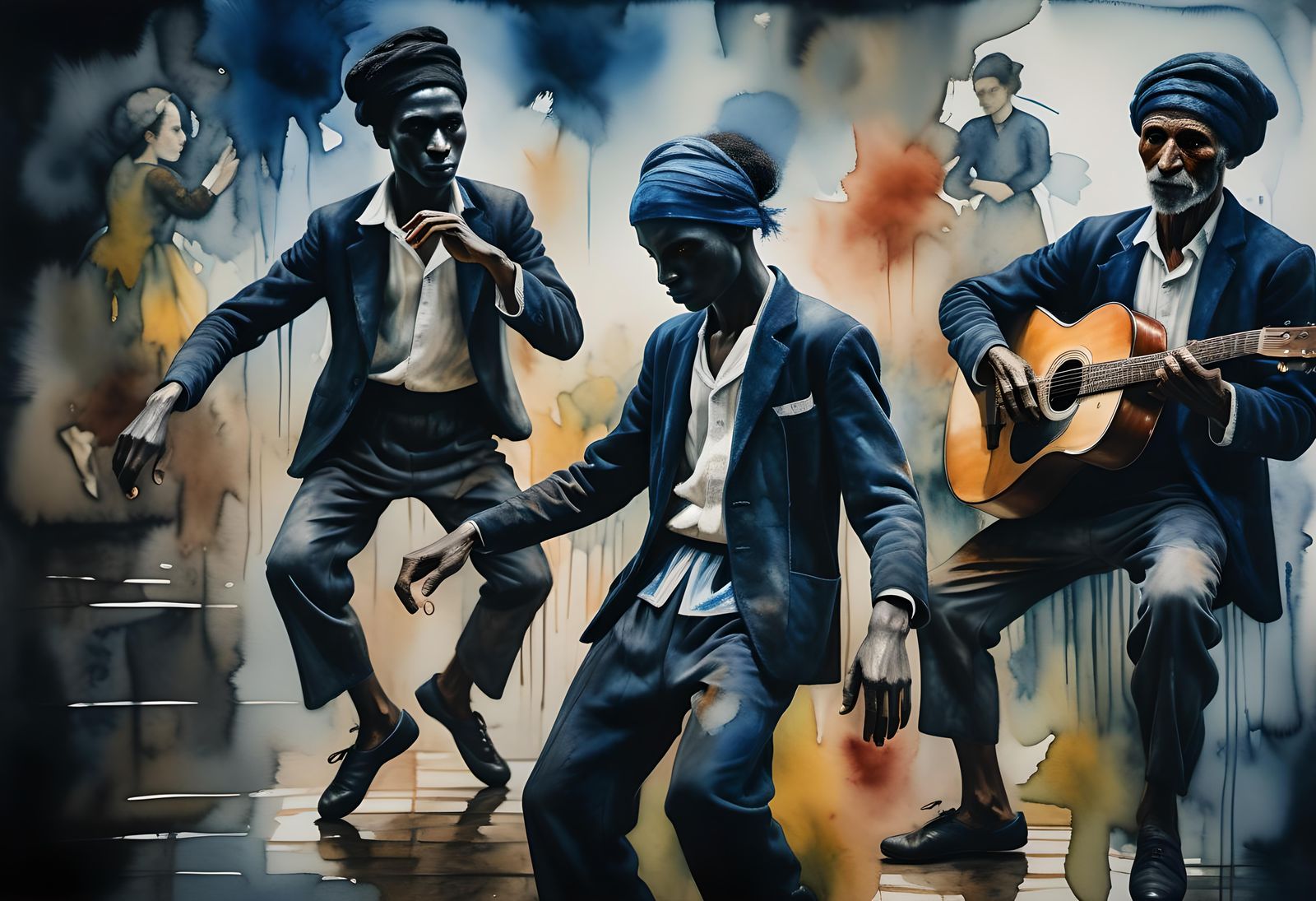 Chagall-esque Watercolor of Blues and Jewish Dancers