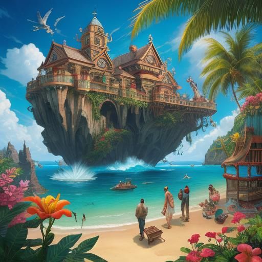 Tropical Bird Babysitters in Fantasy Beach Scene
