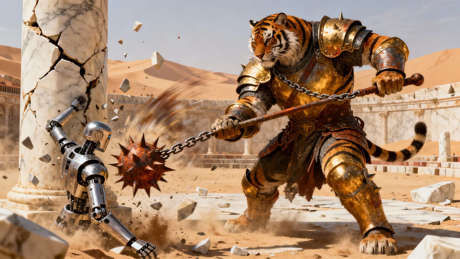 Tiger Warrior Fights Robot in Broken Arena