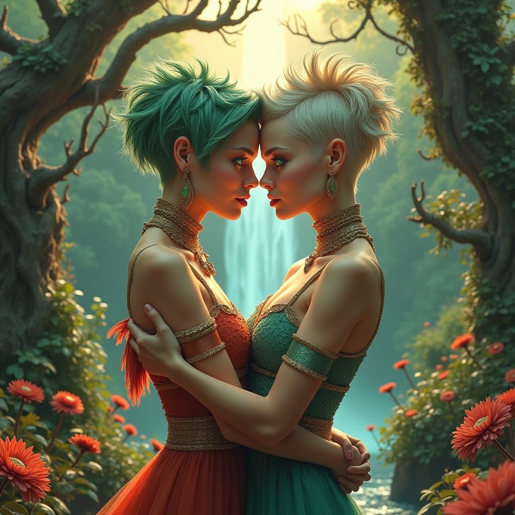 Identical Women Embrace in Sci-Fi Dreamscape