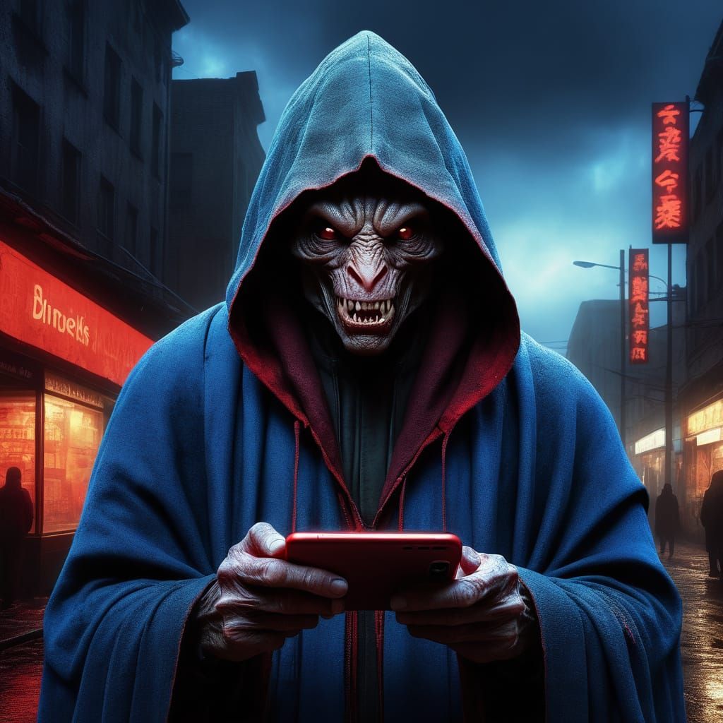 Cyberpunk Street Vendor with Glowing Smartphone