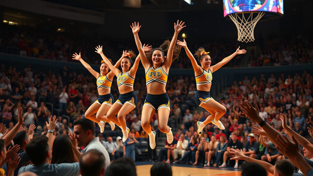 Cheerleaders' Aerial Choreography in Packed Basketball Arena