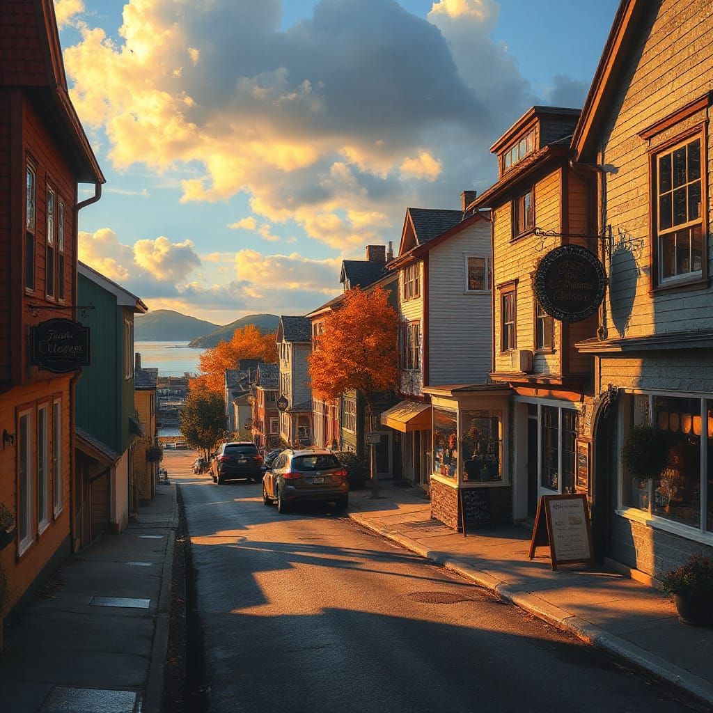 Coastal Town Street at Golden Hour Oil Painting