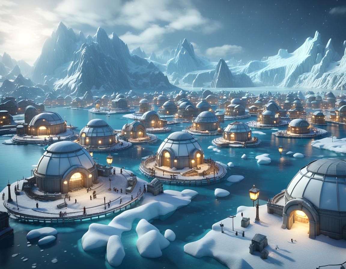 Fantasy Igloo Port City at Night in Unreal Engine