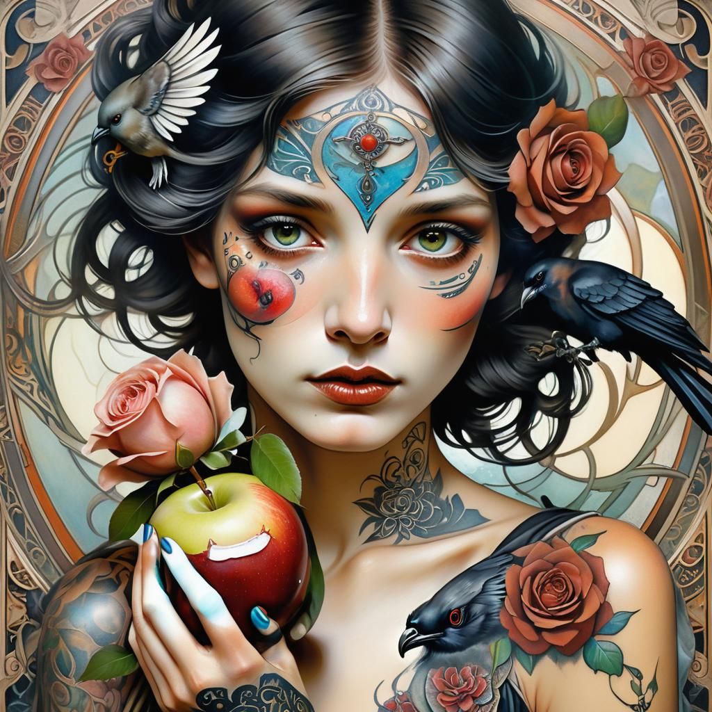 Woman with Raven, Rose, and Apple in Art Nouveau Style
