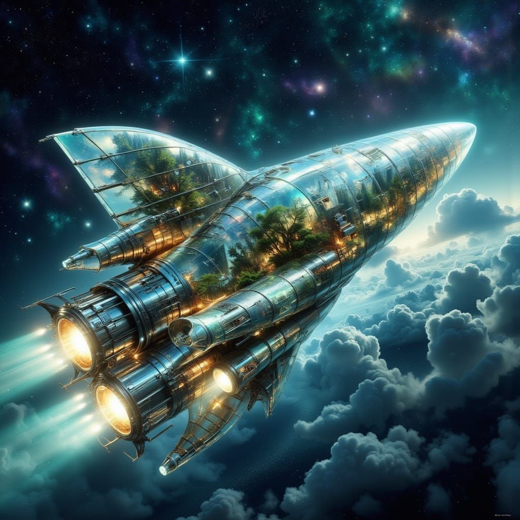 Glass Rocket Soaring Through Cosmos in Art Nouveau Punk