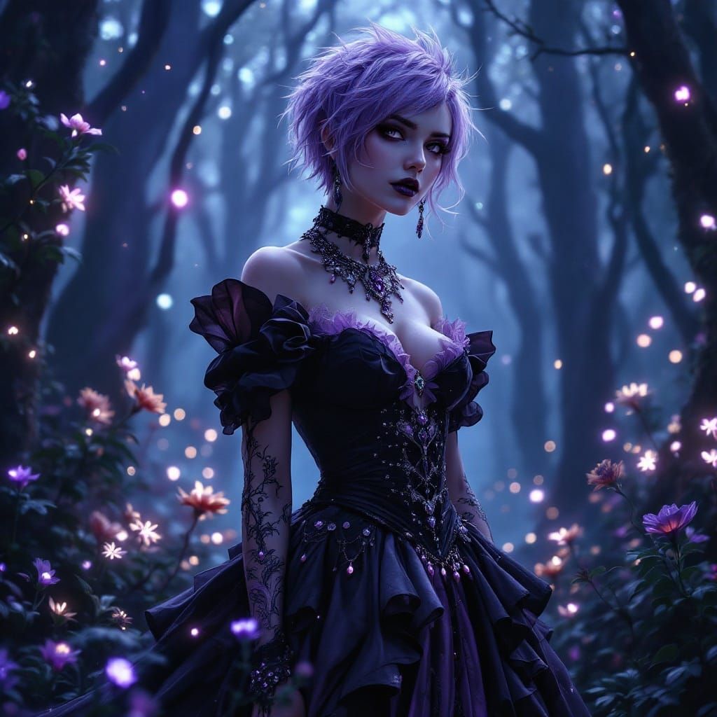Ethereal Gothic Goddess in Lavender Ballgown, Enchanted Fore...