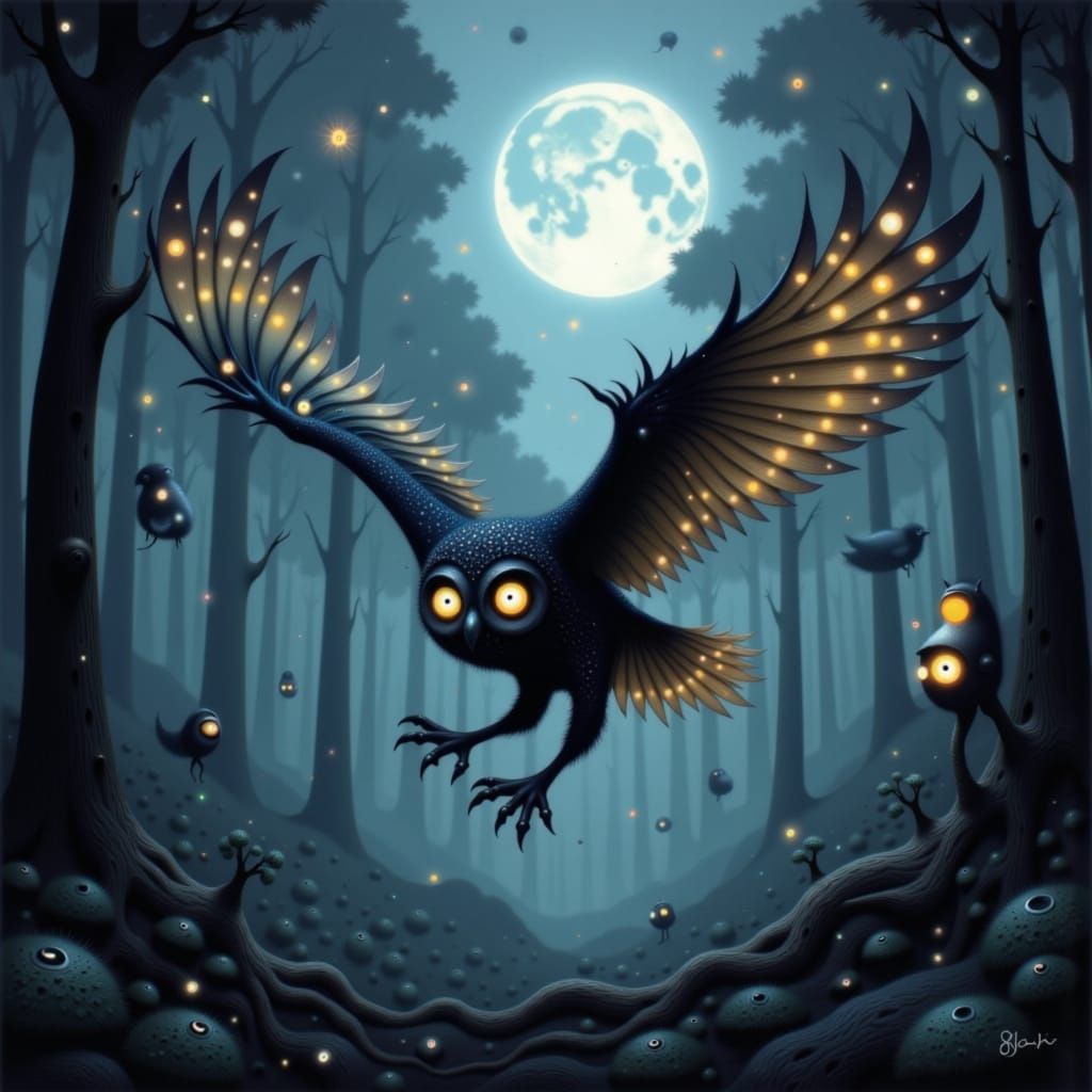 Night Owl in Moonlit Forest, Loish Style