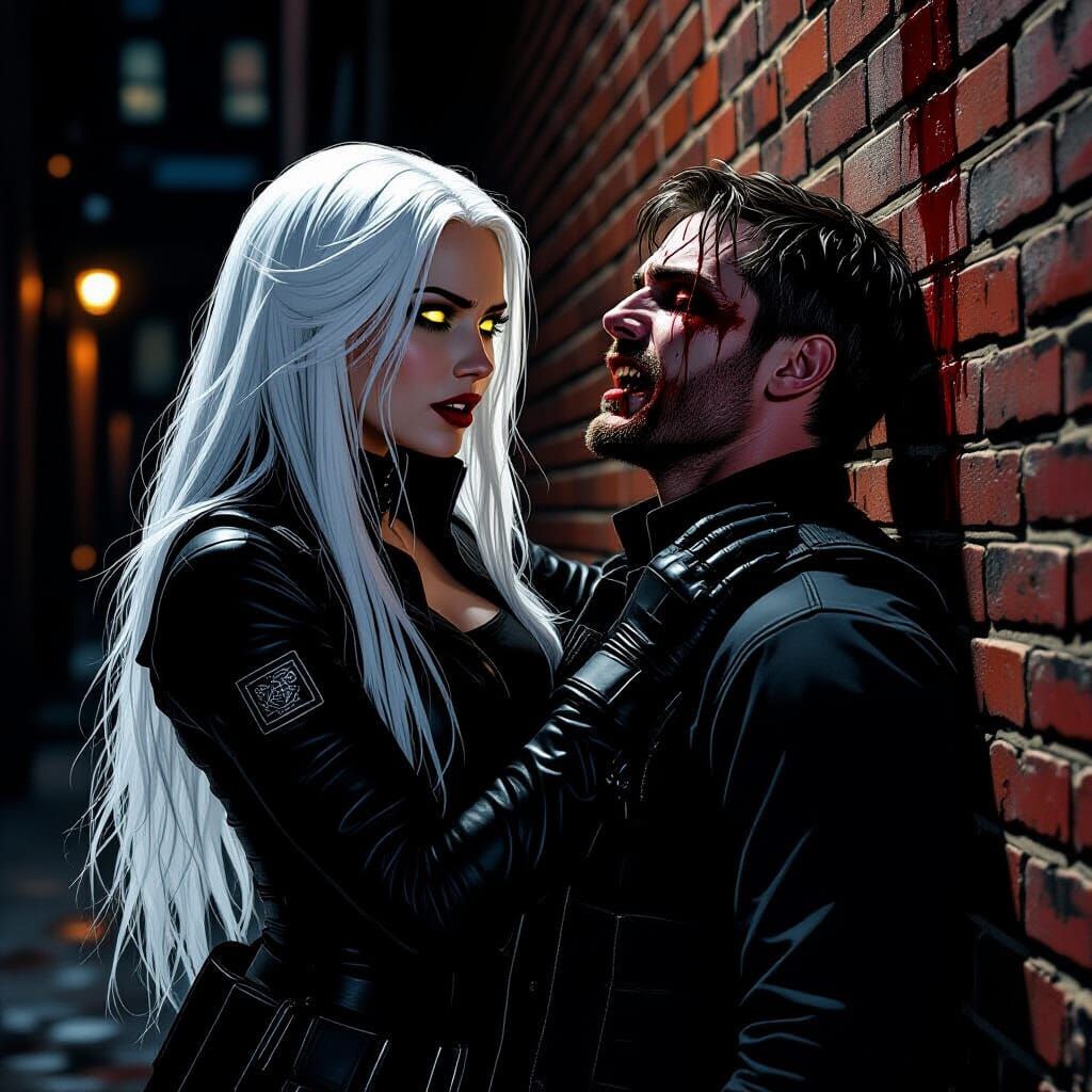 Chiaroscuro Alley Confrontation: Pale Woman and Terrified Ma...