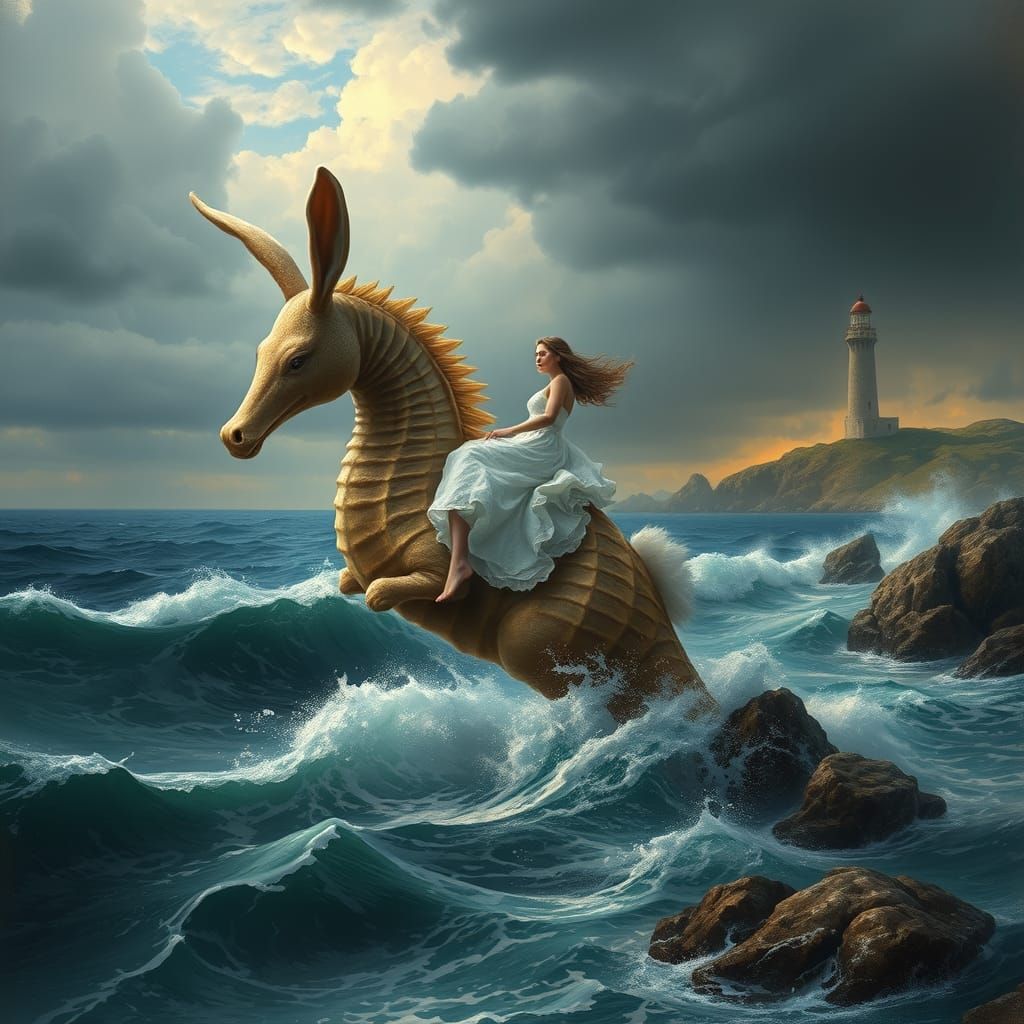 Maiden Rides Easter Bunny Seahorse Through Stormy Seas in Dr...