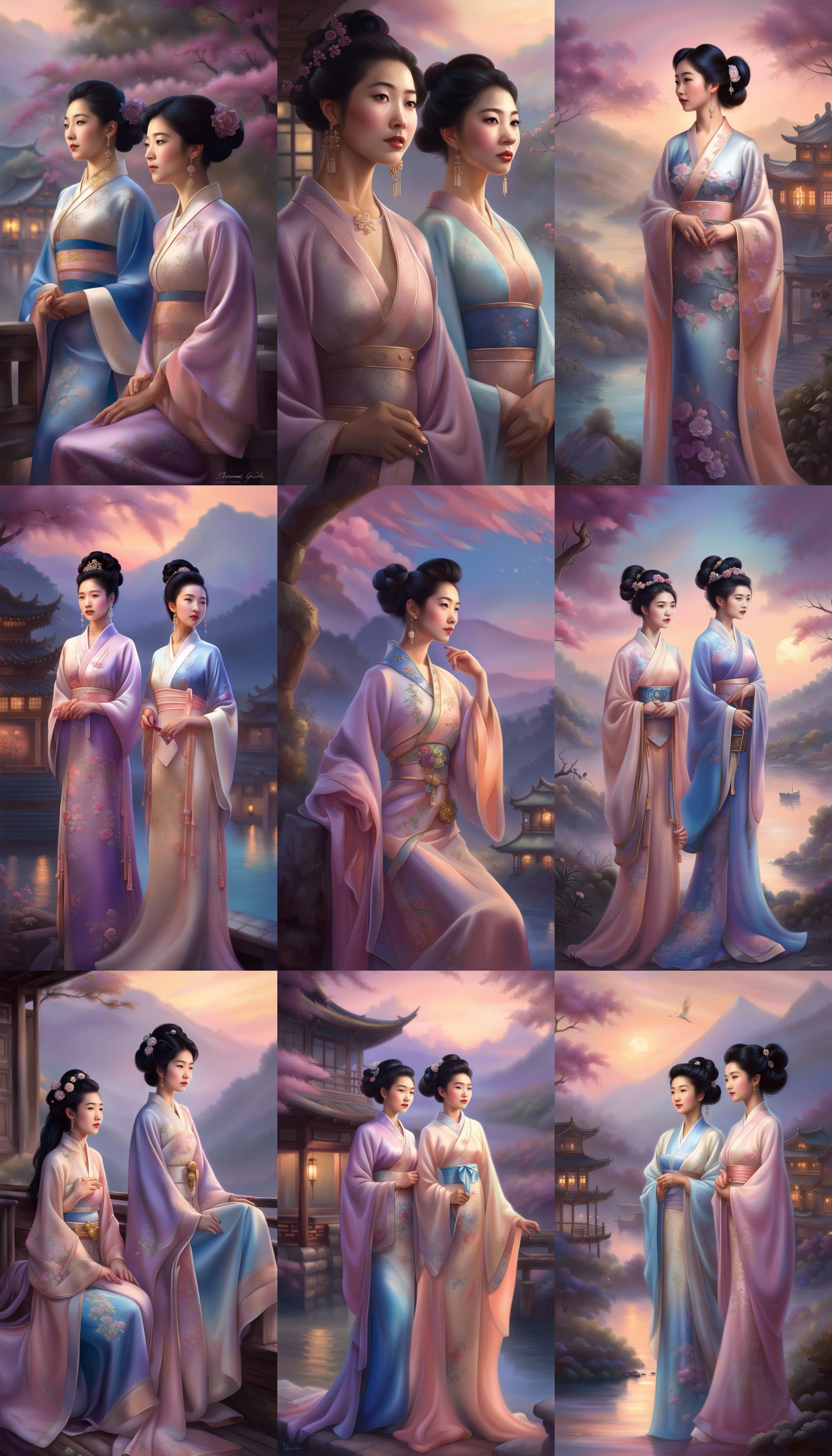 Beautiful Chinese Women in aditional Attire in the colors of Mauve, Cream, Peach & Blue