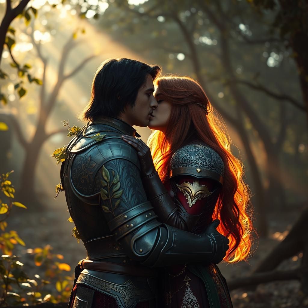 Knights Embrace in Ruined Forest, Cinematic Still