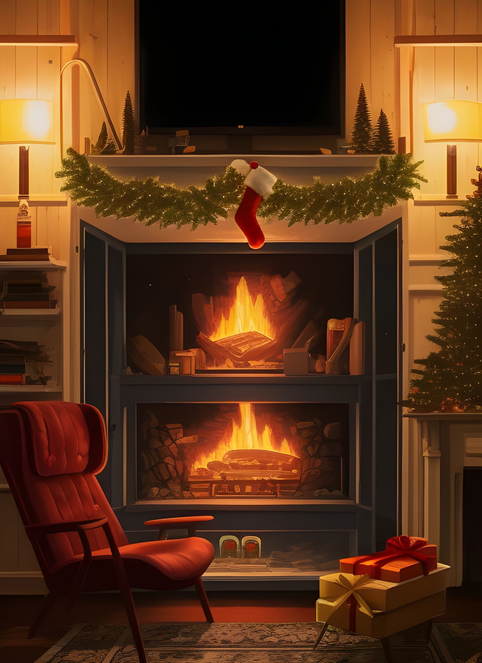 Christmas Fireplace Chair in Detailed Digital Illustration