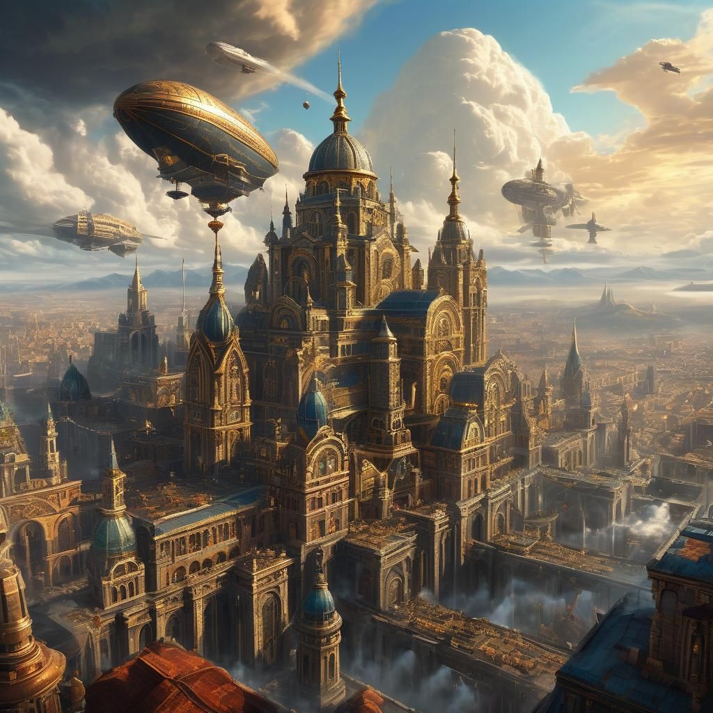 Ancient Tartarian Cityscape with Airships, Hyperrealistic Co...