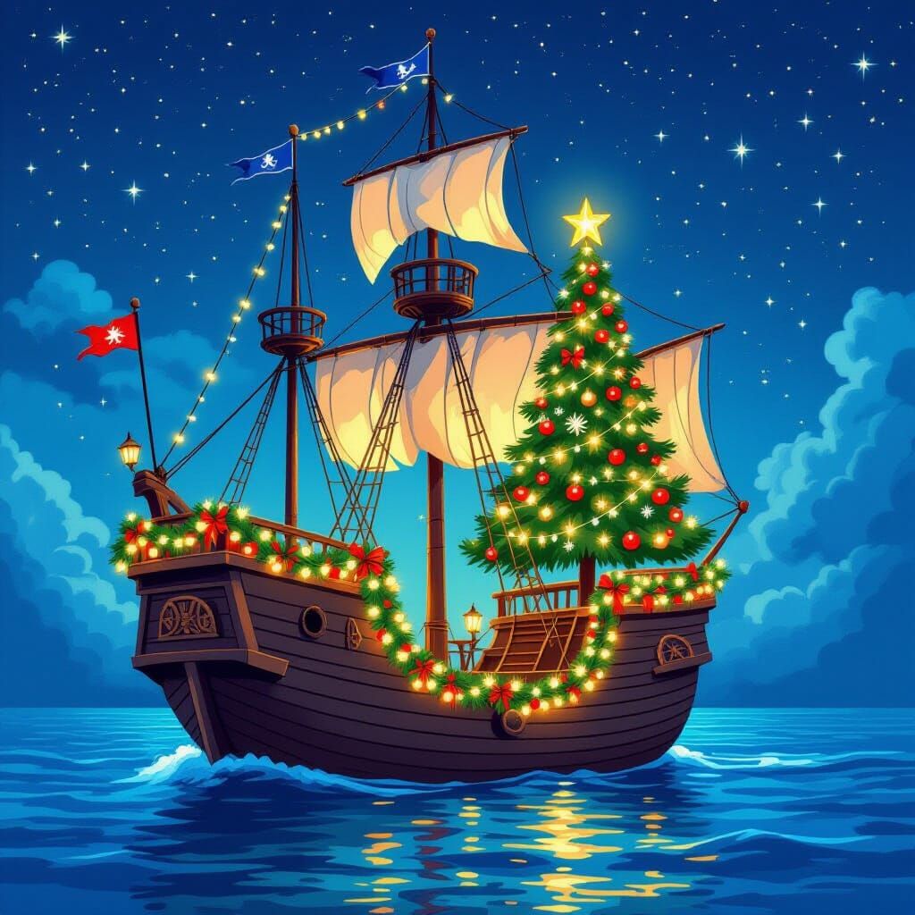 Whimsical Pirate Ship Decked for Christmas at Sea