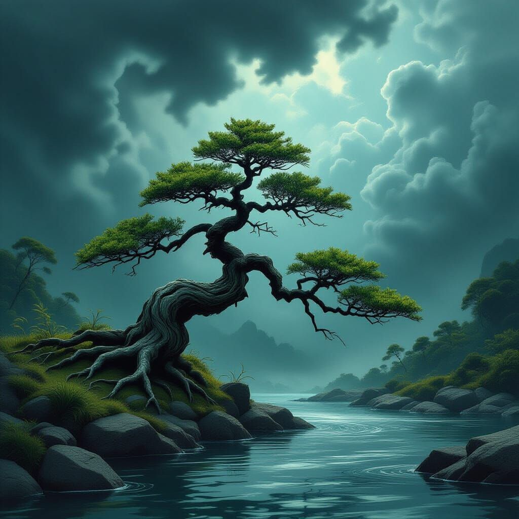 Ancient Bonsai on Stormy Riverbank