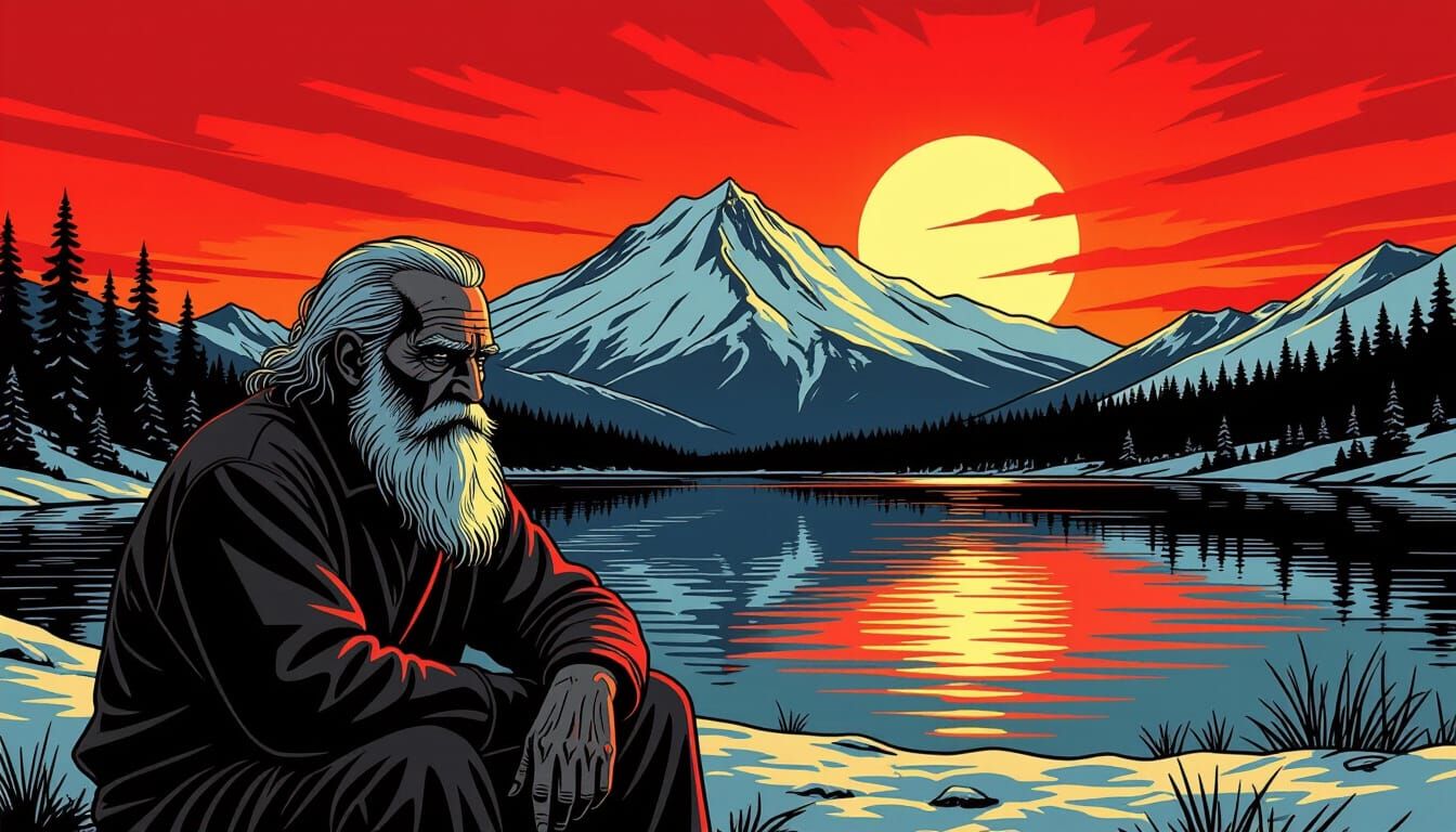Old Man Contemplates Fiery Sunset Over Mountain Lake