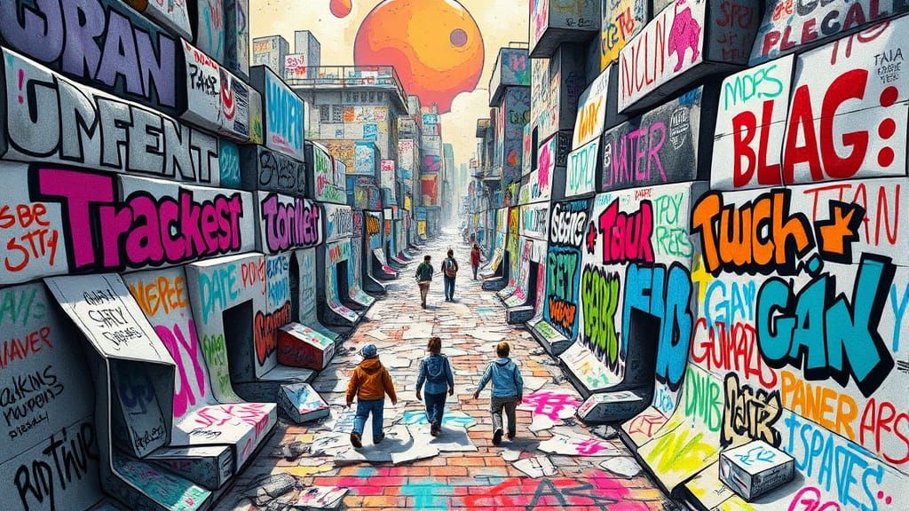 Vibrant Graffiti World of Sketches and Folded Paper