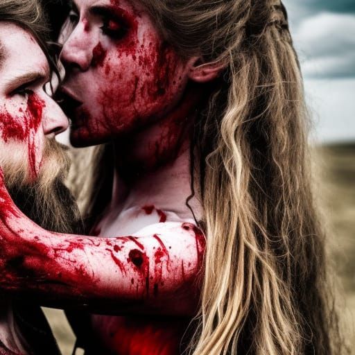 Bloody Viking Couple Share Passionate Kiss