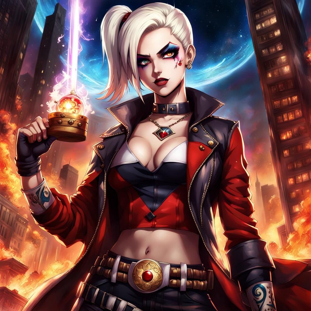 Anime Harley Quinn in Burning City Nebula