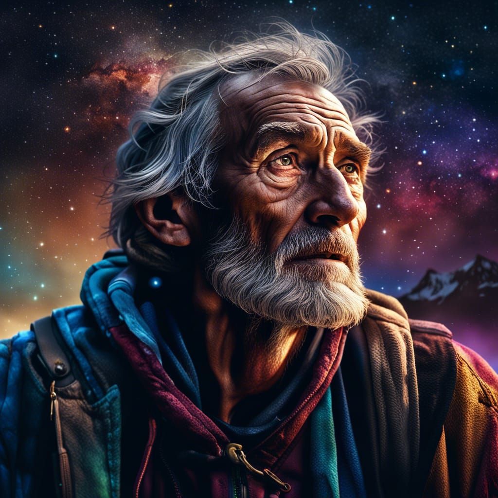 Mountain Climber Gazes at Starry Galaxy, Digital Art