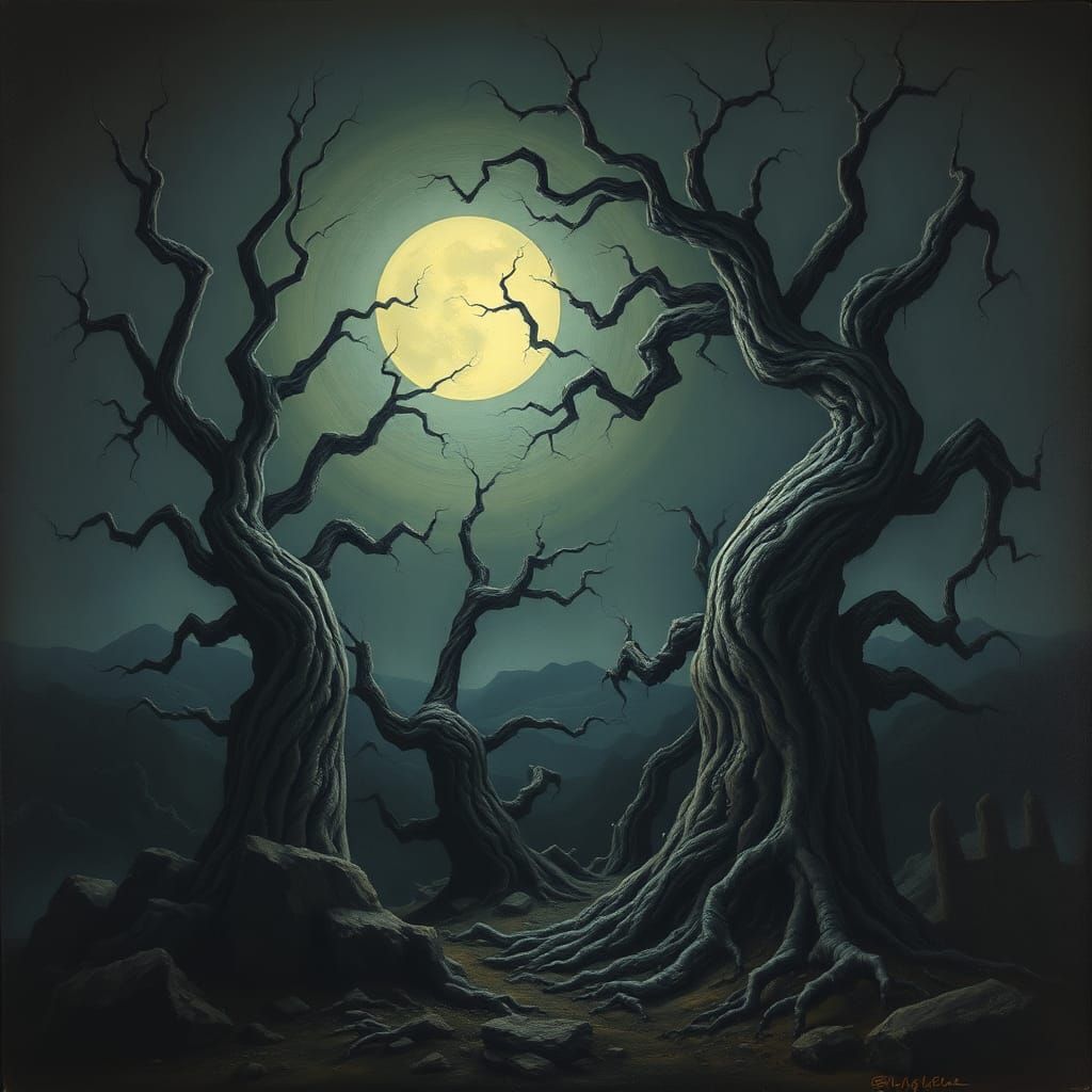 Eerie Moonlit Landscape Inspired by Surrealist Art