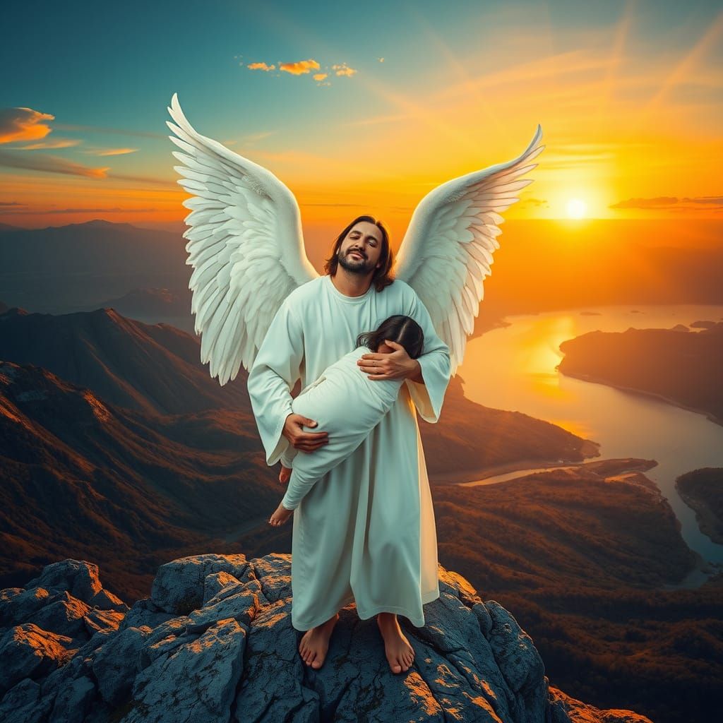 Angel in White Robes Cradles the Deceased in a Serene Mounta...