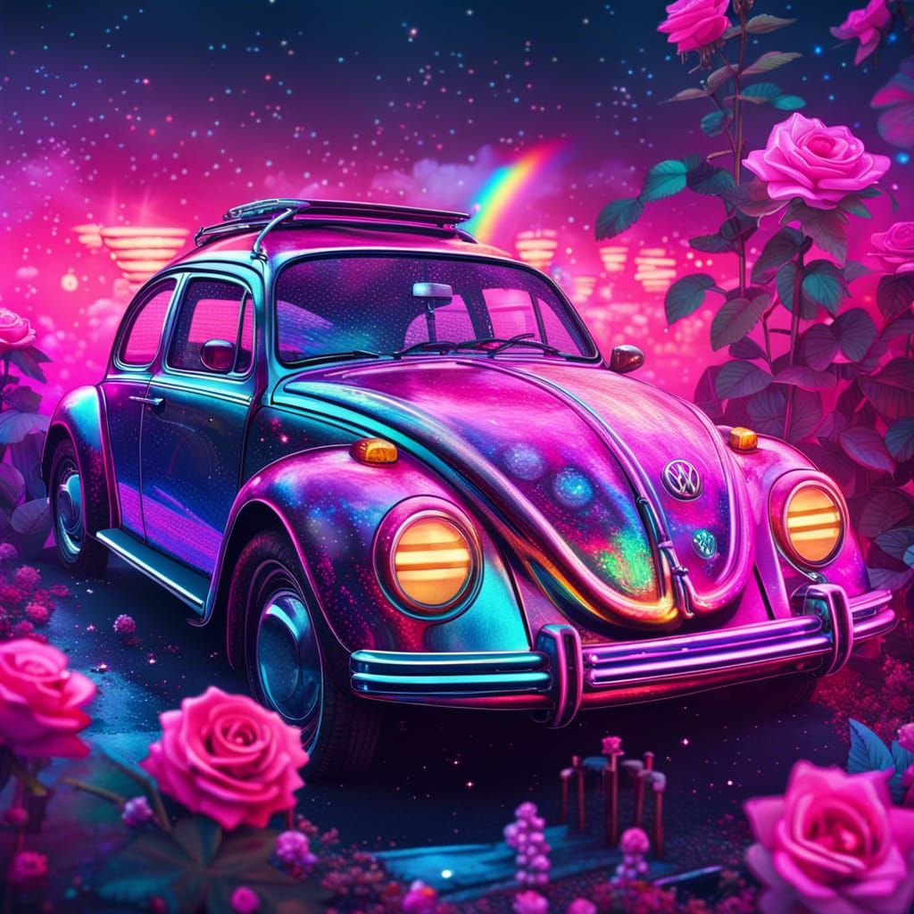 Cyberpunk Beetle with Neon and Holographic Details