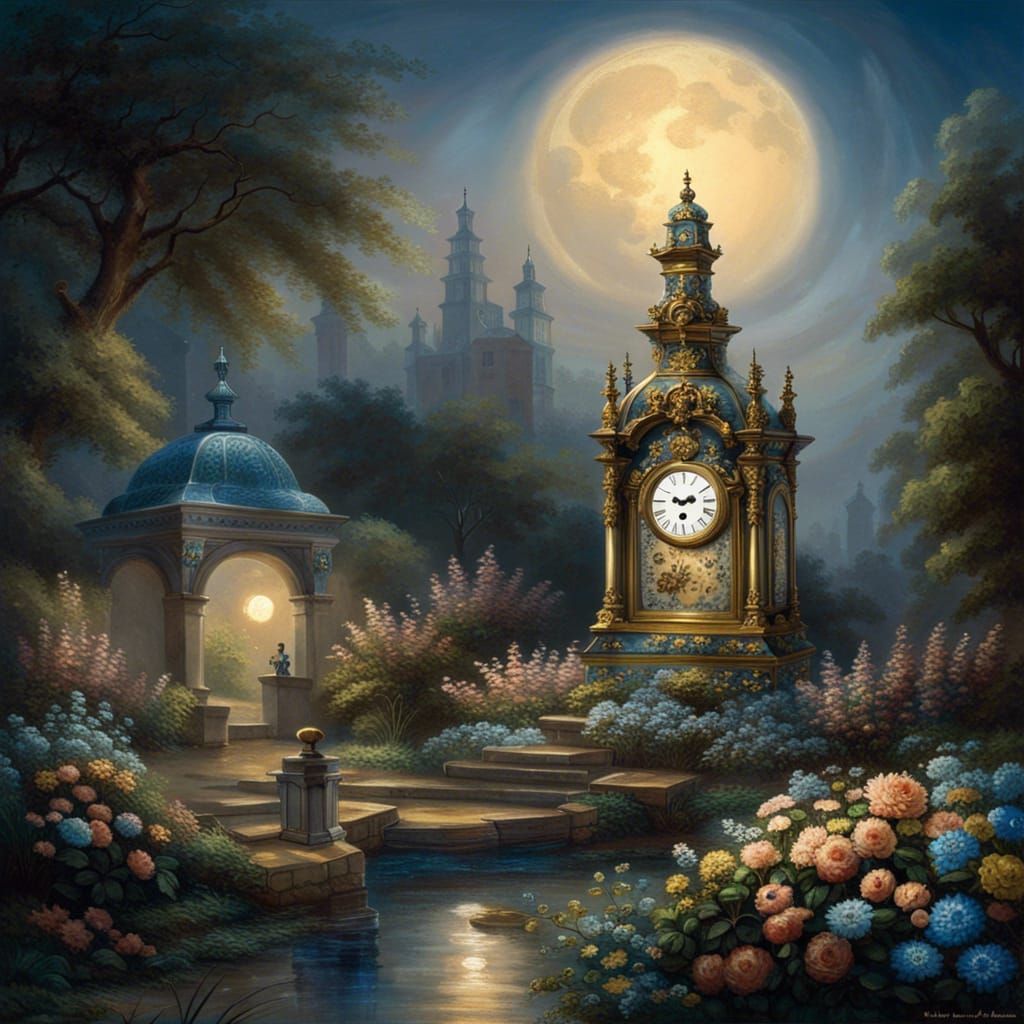 Moonlit Garden Clock in Ethereal Fantasy Style