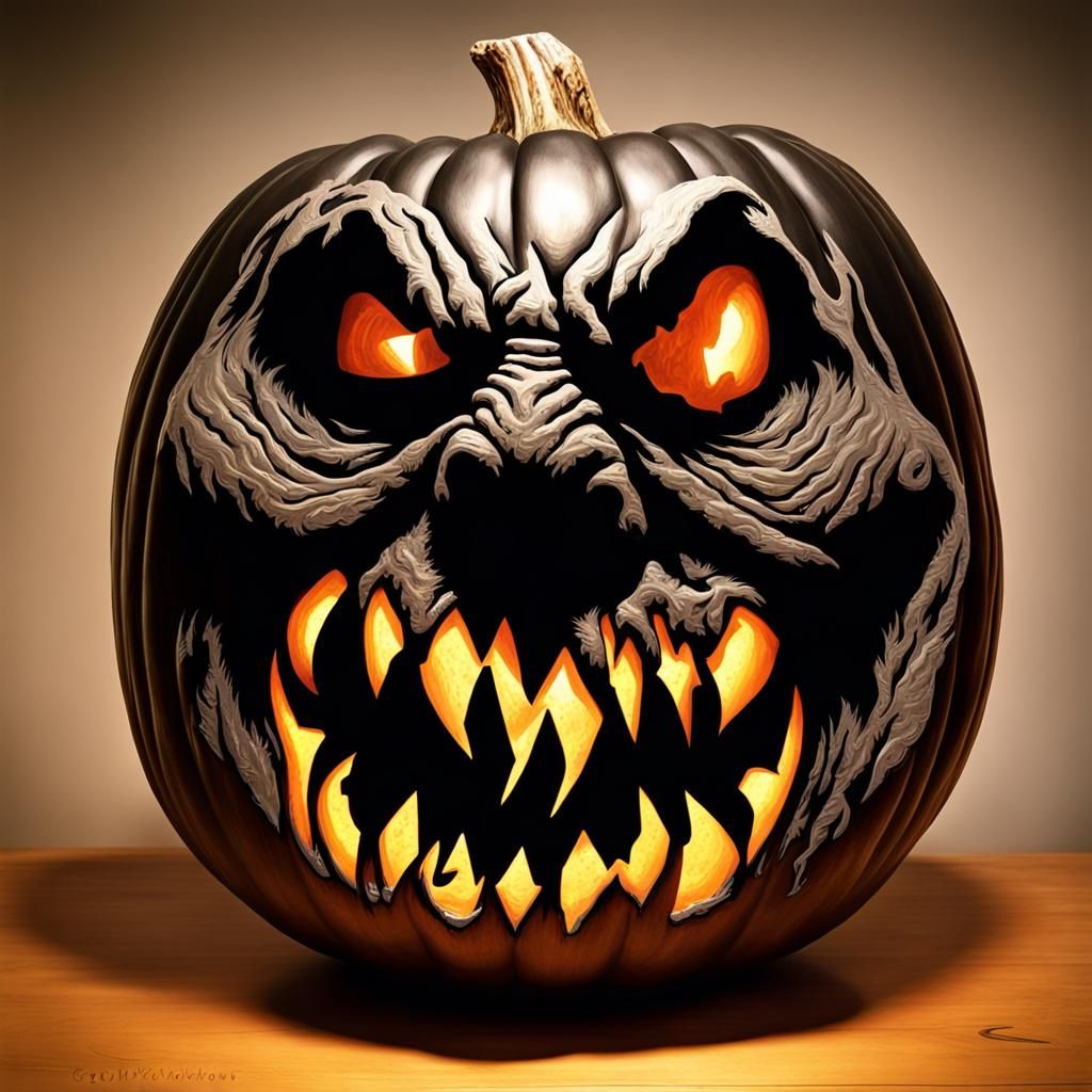 Sinister Self-Carving Horror Pumpkin in Fantasy Art Style