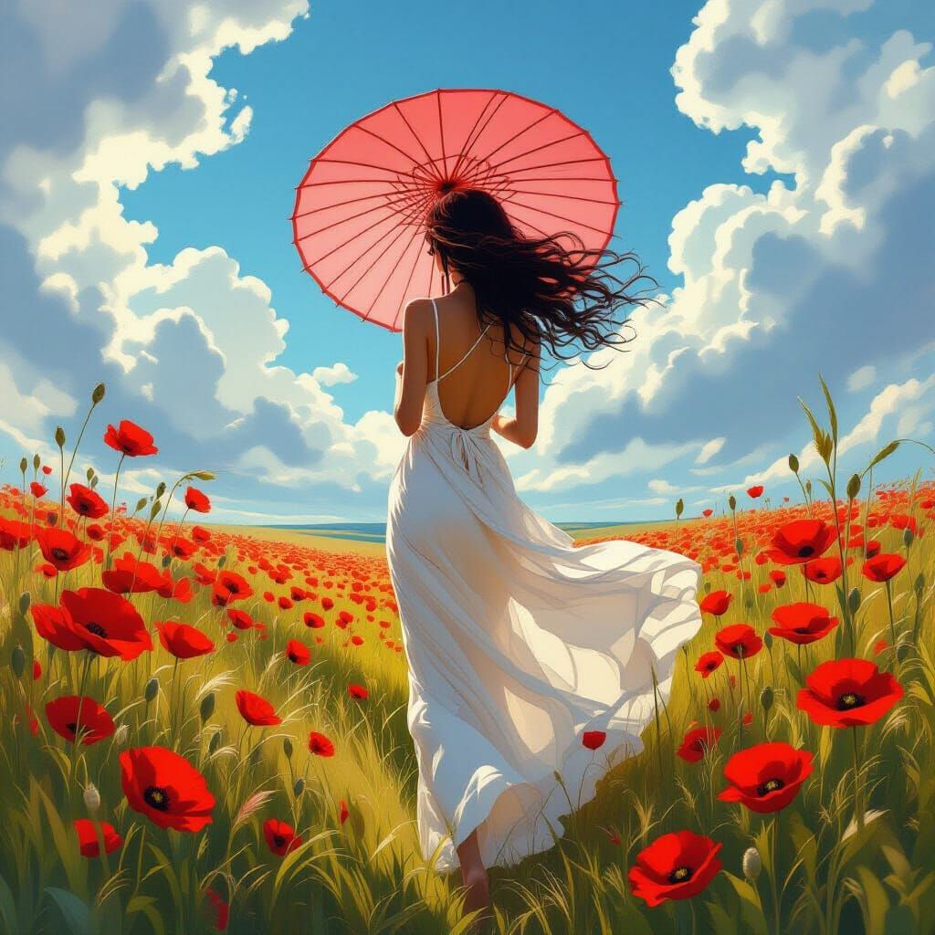 Art Nouveau Woman with Coral Parasol in Poppy Field