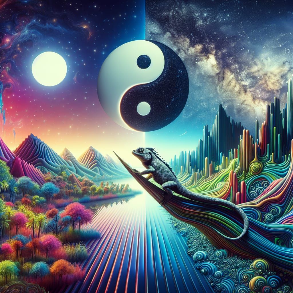Psychedelic 3D Landscape with Yin Yang and Lizard