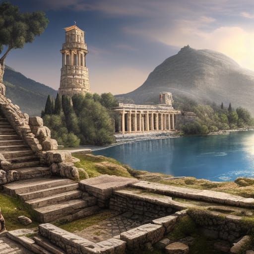 Majestic Greek City with Waterfalls, Digital Matte Painting