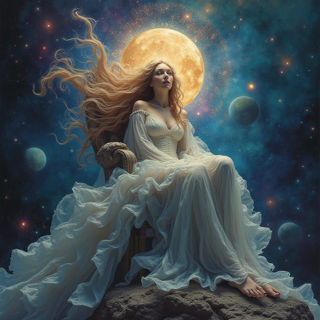 Cosmic Goddess on Asteroid Throne in Surreal Style