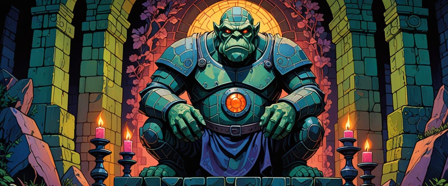 Golem in Dungeon with Glowing Eyes, Comic Book Style
