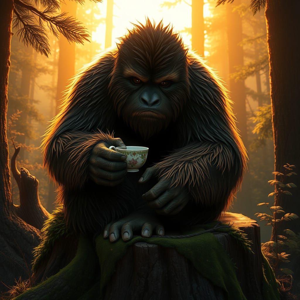 Sasquatch in Enchanted Forest Sips Tea after Long Day of Tre...