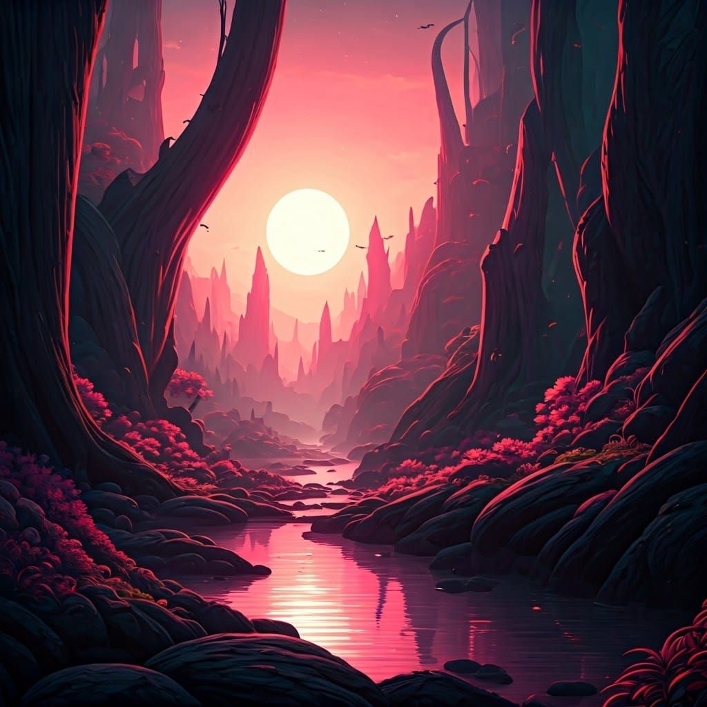 Fantasy Landscape Illuminated by Vibrant Pink Sunshine in a...