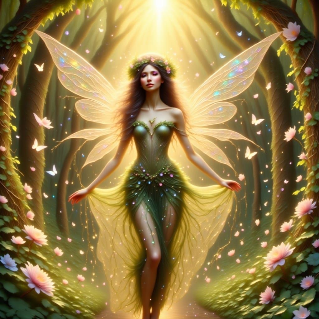 In the heart of an enchanted forest, a fairy with translucen...