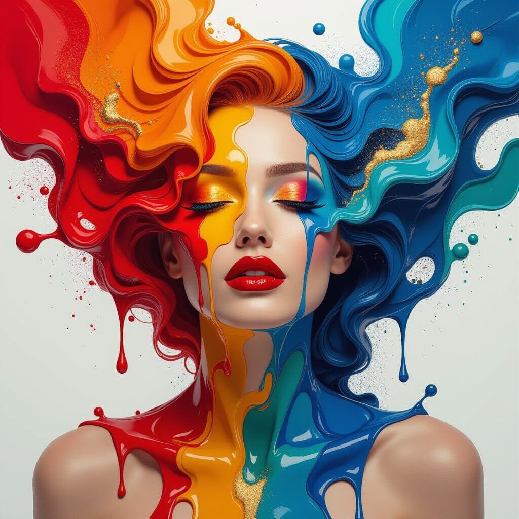Woman Dissolving Into Liquid Paint Portrait