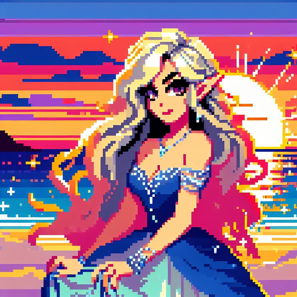 Pixel Art Elf on Beach at Sunset